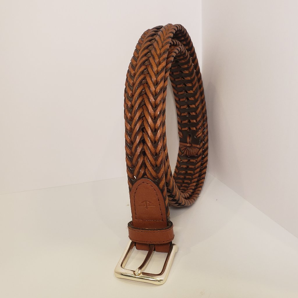 Dockers Leather Tab Bonded Lacing Brown Belt Gold Plated Buckle Mens